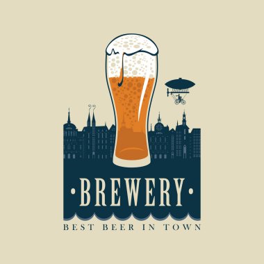Bira pankartı, bira fabrikası, şehirdeki en iyi bira. Eski kasabanın arka planında köpüklü bir bardak birayla vektör illüstrasyonu