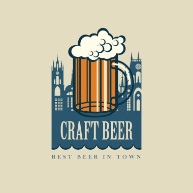 Bira için vektör bayrağı köpüklü bir bardak bira ve eski bir kasabanın siluetleriyle retro tarzı ve kelimelerle 