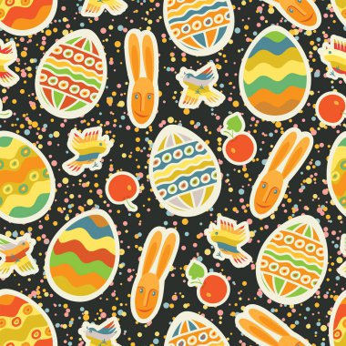 Karikatür tarzında kusursuz bir paskalya şablonu. Renkli paskalya yumurtalarının, kuşların ve tavşanların renkli benekleri olan siyah bir zemin üzerindeki sevimli çocuksu çizimleriyle eğlenceli bir tatil geçmişi.