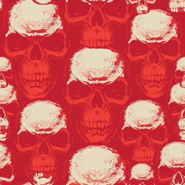 Elle çizilmiş insan kafataslarıyla kusursuz bir desen. Kırmızı arka planda korkunç kafatasları olan soyut vektör arkaplanı. Duvar kâğıdı, ambalaj kağıdı, tekstil ve Cadılar Bayramı partisi için tasarım öğesi için uygundur