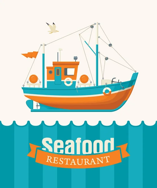 Banner Vectorial Menú Para Restaurante Mariscos Decorado Con Barco Ilustración — Vector de stock