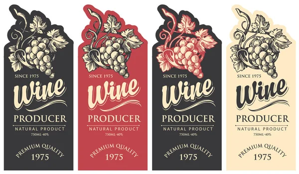 Set Etichette Vino Decorate Con Grappoli Uva Trafilati Mano Iscrizioni — Vettoriale Stock