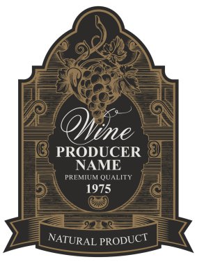 Bir demet üzümlü şarap etiketi, bir kurdele ve şekilli bir çerçevede siyah bir arkaplanda kaligrafik yazı. El çizimi süsleme etiketi, etiketi veya çıkartması eski tarz