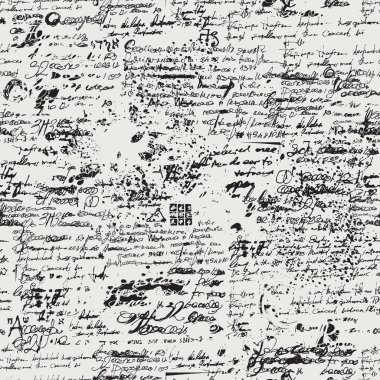 El yazısıyla yazılmış karalamalar ve lekeler, eski bir el yazması ya da taslağın taklidi. Siyah betik ile vektör arkaplanı tekrarlanıyor, duvar kağıdı, ambalaj kağıdı, kumaş için uygun