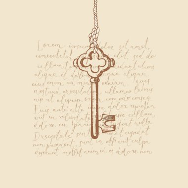 Eski el yazısıyla çizilmiş bir anahtarın asılı olduğu klasik afiş ve el yazısıyla yazılmış Lorem ipsum. Eski kağıt zemin üzerinde kahverengi çizimler ile retro biçiminde vektör illüstrasyonu