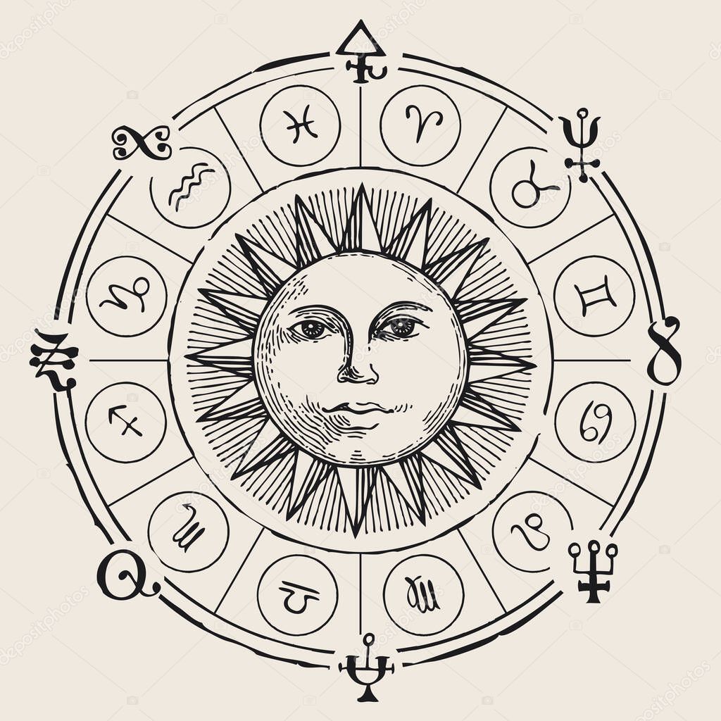 Vector circle of Zodiac signs with icons and hand-drawn Sun on an old paper background. Monochrome banner in retro style with horoscope symbols for astrological predictions