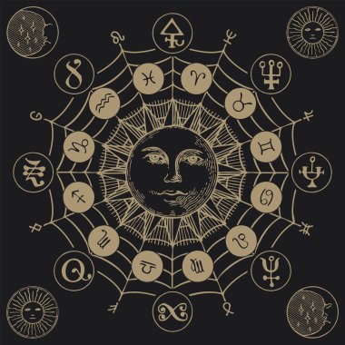 Simgelerle, ezoterik sembollerle ve siyah arkaplanda el yapımı güneşle çizilmiş Zodyak işaretlerinin vektör çemberi. Astrolojik tahminler için burç sembolleriyle geçmişe dönük mistik pankart