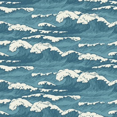 Retro tarzında el çizimi dalgaları olan kusursuz vektör deseni. Deniz ya da okyanusun tekrarlanan dekoratif çizimi, deniz köpüğü kırıcıları ile mavi fırtına dalgaları