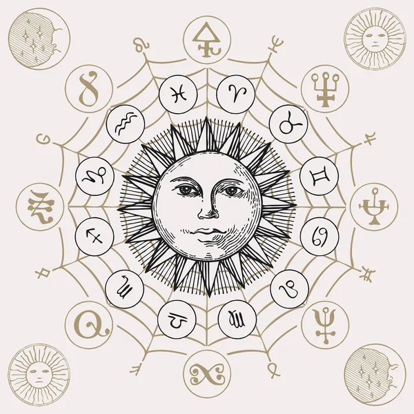 黄道带符号的矢量圈 深奥的符号和手工绘制的太阳在旧纸背景 带星座符号的复古风格装饰横幅 用于天文预测 — 图库矢量图片