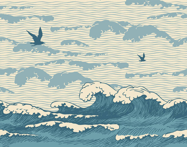 Векторный бесшовный узор с нарисованным вручную мысом в стиле ретро с синими волнами, морщинами и облаками в небе. Повторяем иллюстрацию моря или океана, волн воды на старом бумажном фоне