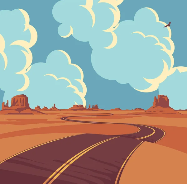 青空に山や雲と砂漠の中に空の曲がりくねった道と夏の風景 不毛のアメリカの風景を駆け抜ける無限の道と装飾的なベクトルの背景 — ストックベクタ