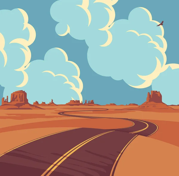 Paisaje Verano Con Camino Sinuoso Vacío Desierto Con Montañas Nubes — Vector de stock