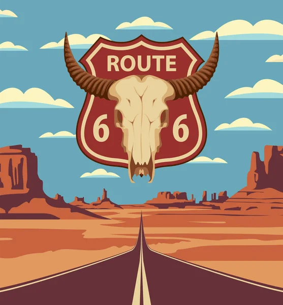 砂の荒地に空の直線道路とベクトルの風景 国道66号線 山と無限の高速道路を持つアメリカの砂漠の背景に雄牛の頭蓋骨と道路標識 — ストックベクタ