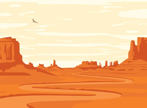 Векторный Пейзаж Пустынной Долиной Горами Извилистой Грунтовой Дорогой Летающим Ястребом — стоковый вектор