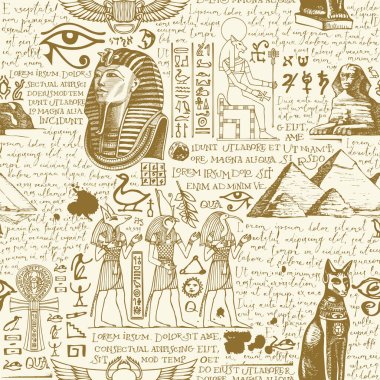 Antik Mısır temasında el yazması Mısır tanrıları ve el yazması lorem ipsum ile vektörsüz desen. Tek renkli soyut bir arkaplan. Duvar kağıdı, ambalaj kağıdı, eski tarz kumaş.