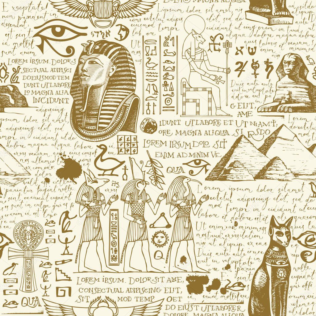 Vector seamless pattern on the theme of Ancient Egypt with hand-drawn Egyptian gods and handwritten text lorem ipsum. Monochrome abstract background. Wallpaper, wrapping paper, fabric in retro style