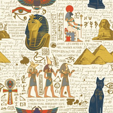 Antik Mısır temalı kusursuz bir desen üzerinde Mısır tanrılarının renkli resimleri ve el yazısıyla yazılmış lorem ipsum var. Retro biçiminde vektör soyut arkaplanı. Duvar kağıdı, ambalaj kağıdı, kumaş