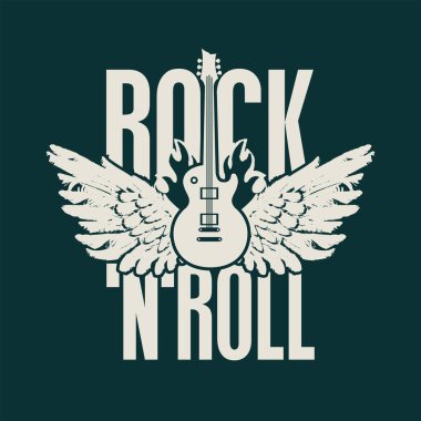 Rock 'n' roll - vektör pankartı, amblem, etiket, logo, tasarım elemanı. Elektro gitarı ve karanlık arka planda yanan kanatları olan yaratıcı harfler. Tişört, dövme ya da grafiti için havalı bir baskı.