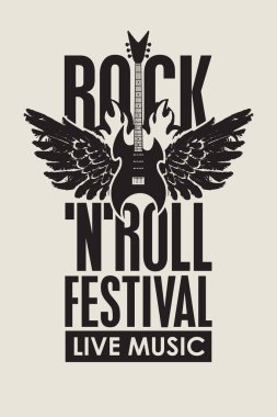 Rock 'n' roll canlı müzik festivali için elektrikli gitarlı ve kanatlı bir poster ya da afiş. Tişört tasarımı ya da grafiti için harika bir baskı.