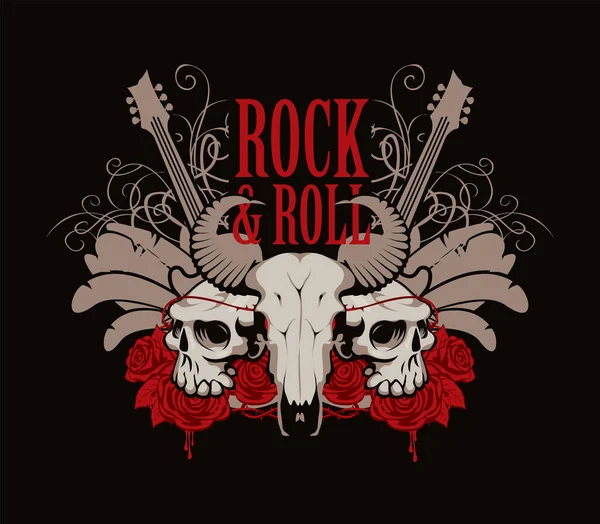 Boynuzlu hayvan ve insan kafatasları, gitarlar, kanatlar, kırmızı güller, kan damlaları ve siyah arka planda Rock and Roll yazıları olan müzik afişi. Modern tarzda tişört için vektör illüstrasyonu
