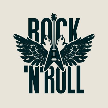 Rock 'n' roll - vektör bayrağı, logo, amblem, etiket veya tasarım elemanı. Elektro gitarı ve arka planda yanan kanatları olan yaratıcı harfler. Tişört, dövme ya da grafiti için havalı bir baskı.