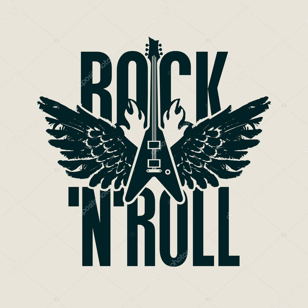 Rock 'n' roll - vector banner, logo, emblem, label or design element. Creative lettering with an electric guitar and wings on fire on a light background. Cool print for t-shirt, tattoo or graffiti