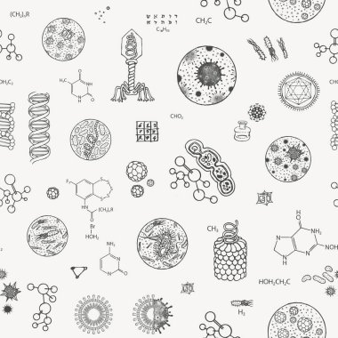 Çeşitli el yapımı virüsler, mikroplar, bakteriler içeren kusursuz bir model. Eskiz tarzı çizimleri olan siyah ve beyaz bir arkaplan. Duvar kağıdı, kumaş, boyama sayfası