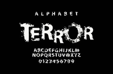 Terror harfleri, benekli soyut harflerle yazılmış. Grunge tarzı sıçrama alfabesi, beyaz alfabe harfleri vektör kümesi ve siyah arkaplan üzerinde numaralar. Başlık, poster, etiket, logo için yaratıcı yazı tipi