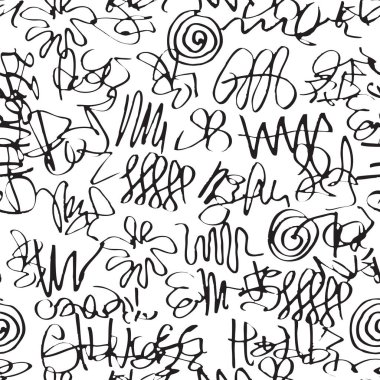 Beyaz bir arkaplanda, graffiti tarzında soyut siyah karalamalı vektörsüz desen. Karalamalı el yapımı doku. Bitmek bilmeyen arkaplan, giysiler için grafik baskı, ambalaj kağıdı veya duvar kağıdı
