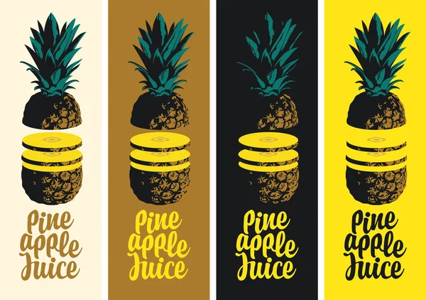 Set Four Original Pineapple Juice Labels Realistic Sliced Pineapple Calligraphy — Stock Vector