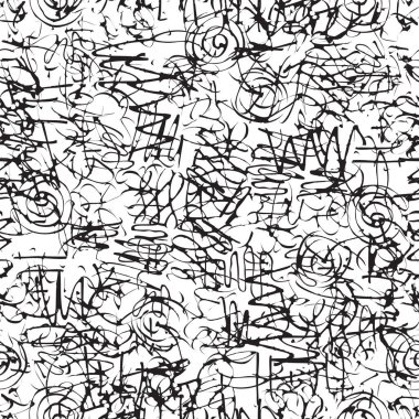 Bulanık kıvrımlı ve graffiti tarzında karmaşık çizgileri olan soyut, pürüzsüz desenler. Siyah ve beyaz vektör arkaplanı. Tekstil, giysi, duvar kağıdı veya ambalaj kağıdı için yaratıcı grafik baskı