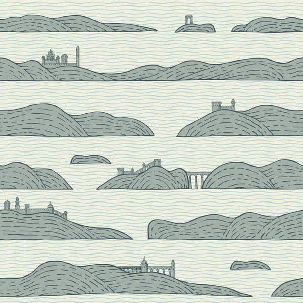 Decorative Seamless Pattern Hand Drawn Old Fortresses Islands Water Vector — Stock Vector