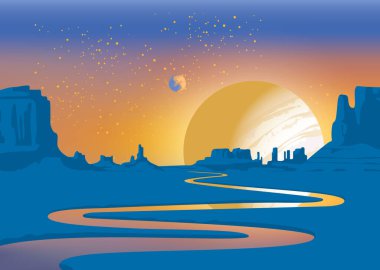 Issız bir vadisi, dolambaçlı bir nehri, kayaları ve gökyüzünde iki gezegeni olan yabancı bir gezegenin manzarası. Cansız bir manzaranın renkli vektör çizimi. Fantastik alan arkaplanı
