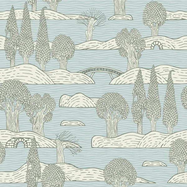 Decorative Seamless Pattern Hand Drawn Trees Islands Bridges Water Cartoon — Stock Vector