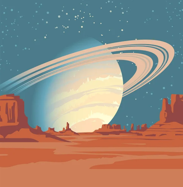 Yıldızlı Bir Gökyüzünde Kayalarla Satürn Çöl Manzaralı Fantastik Bir Uzaylı — Stok Vektör