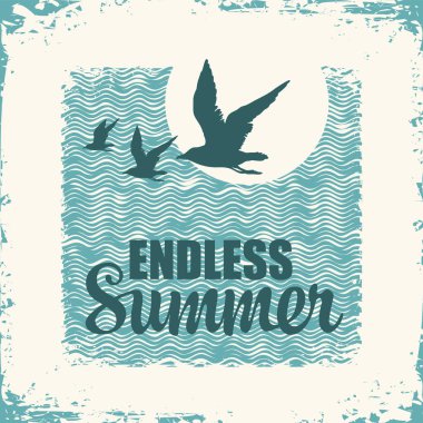 Martılı yaz tabelası, güneş ve dalgalı desenli eski bir kağıtta Sonsuz Yaz yazları. Grunge biçiminde vektör illüstrasyonu, poster, el ilanı, etiket veya kart için uygun