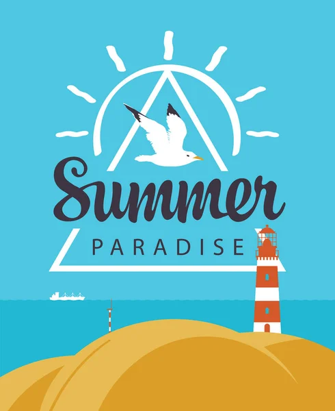 Vektor Utazási Banner Tengeri Szavak Summer Paradise Illusztráció Világítótoronnyal Dombon — Stock Vector