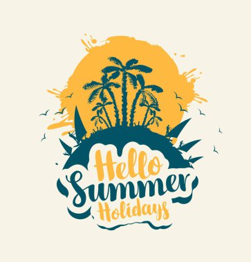 Soyut noktalı vektör turist afişi, güneş, palmiye ağaçları, sörfçüler ve kaligrafik yazı Merhaba Yaz Tatili. Hafif bir arkaplanda yaz afişi, el ilanı, davetiye, etiket veya kartı