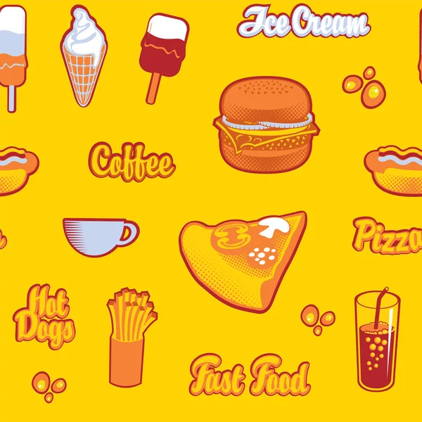 Seamless pattern on the theme of fast food with pizza, burger, french fries, ice cream, cola, coffee and hot dog on a yellow backdrop in a flat style. Vector background with inscriptions and drawings