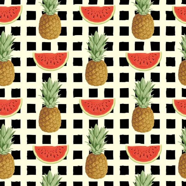 Motif Sans Couture Avec Des Ananas Entiers Des Tranches Pastèque — Image vectorielle