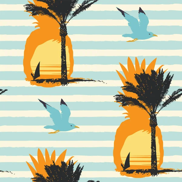 以海夏假期为主题的无缝线图案 在日落或日出时带着菠萝 棕榈树和冲浪者的轮廓 带条纹背景 可重复旅行背景 — 图库矢量图片