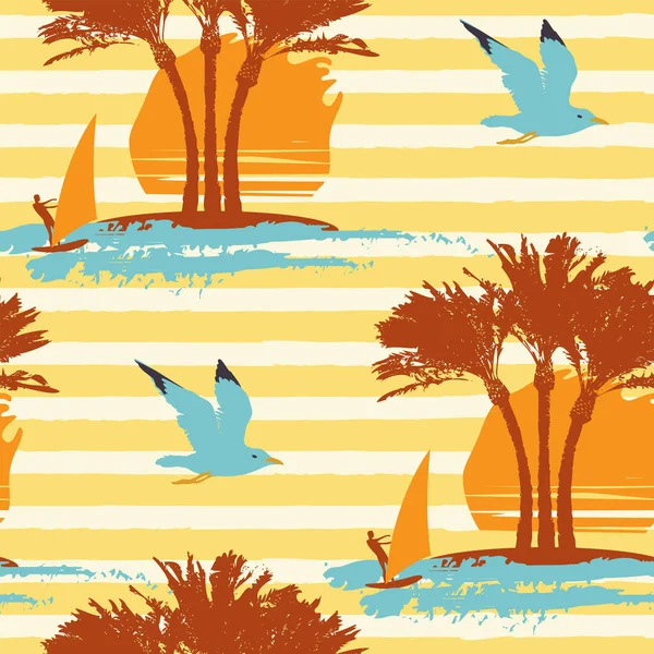 热带无缝模式的主题是海洋暑假与棕榈树和风帆轮廓在日落或日出黄色条纹背景 矢量可重复旅行背景 — 图库矢量图片