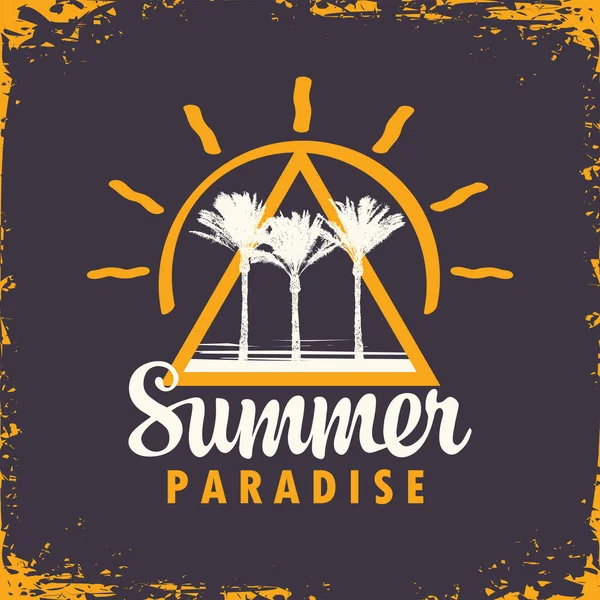 벡터는 야자나무 그리고 파라다이스 Summer Paradise 현수막이나 로고를 가지고 스타일의 — 스톡 벡터