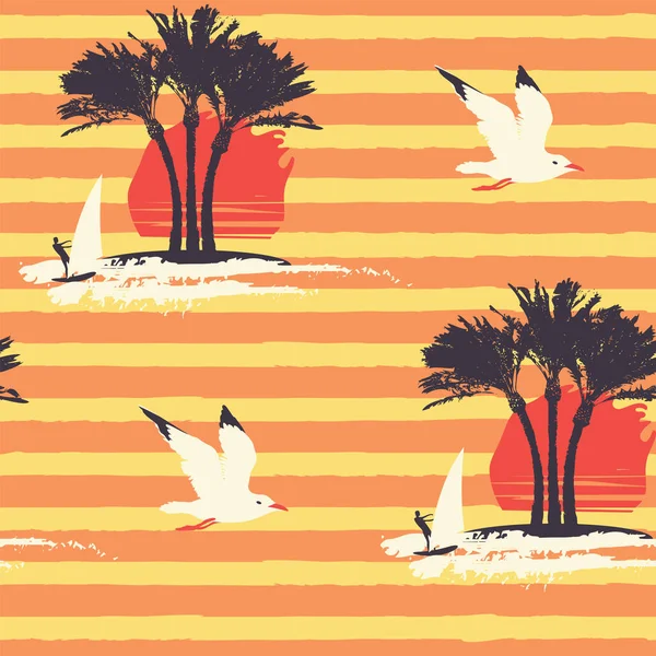 热带无缝图案 在炽热的黄色条纹背景上有棕榈树 风帆和海鸥的轮廓 以夏季度假为主题 以复古风格再现矢量背景 — 图库矢量图片
