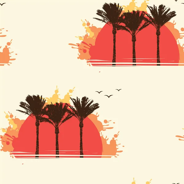 Tropical Seamless Pattern Silhouettes Palm Trees Big Red Sun Light — Stock Vector