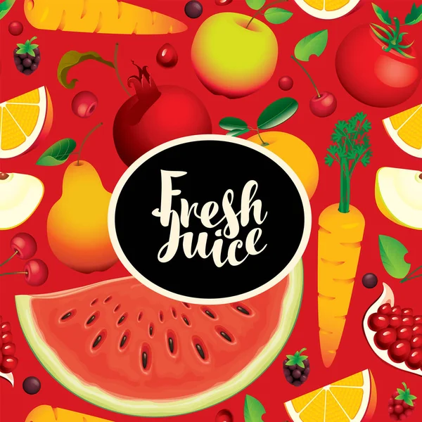 水果无缝图案与切片和整个水果 蔬菜红色背景 夏天的矢量背景成熟美味的水果和字母新鲜果汁 包装纸 — 图库矢量图片