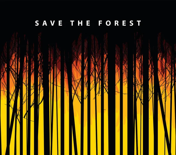 山火事と言葉でエコポスターのコンセプト森を保存します 炎の森を背景に若いスレンダーな木のシルエットと黒とオレンジのベクトルイラスト — ストックベクタ