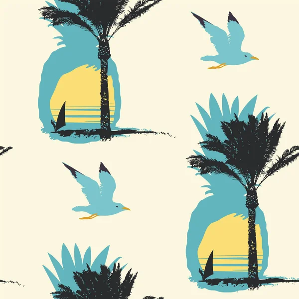 热带无缝隙图案 日落或日出时 有菠萝 棕榈树和冲浪者的轮廓 背景明亮 关于夏季海上旅行主题的矢量可重复背景 — 图库矢量图片