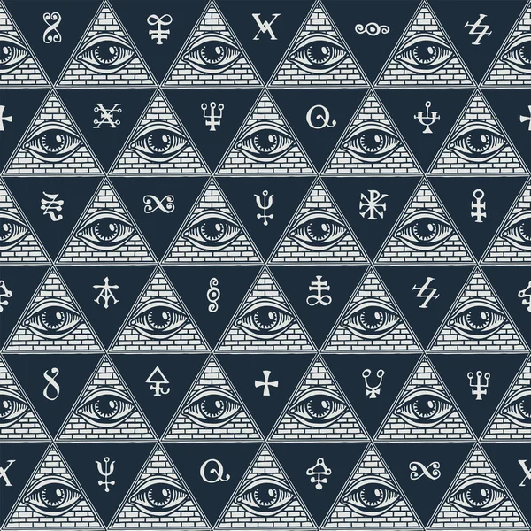 暗い背景に三角形のピラミッドと魔法のシンボル内の3番目の目の兆候と幾何学的なシームレスなパターン 全眼でレトロなスタイルでベクトル手描きの背景 — ストックベクタ