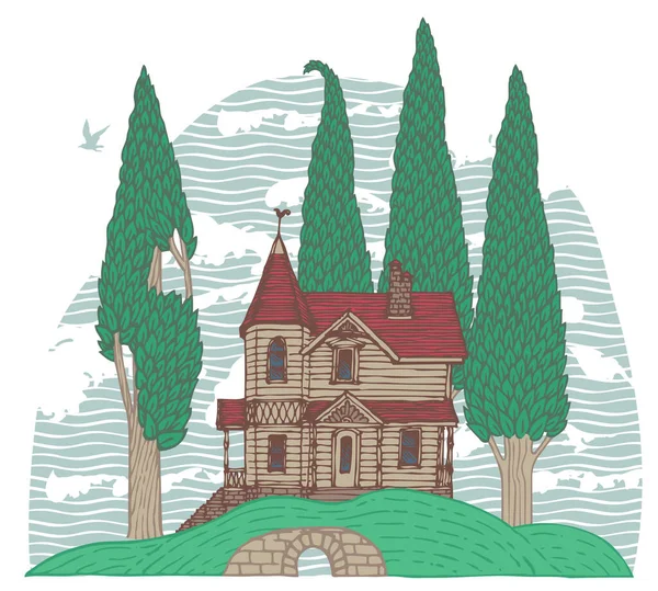 Paisaje Decorativo Con Una Casa Campo Troncos Dos Pisos Árboles — Vector de stock